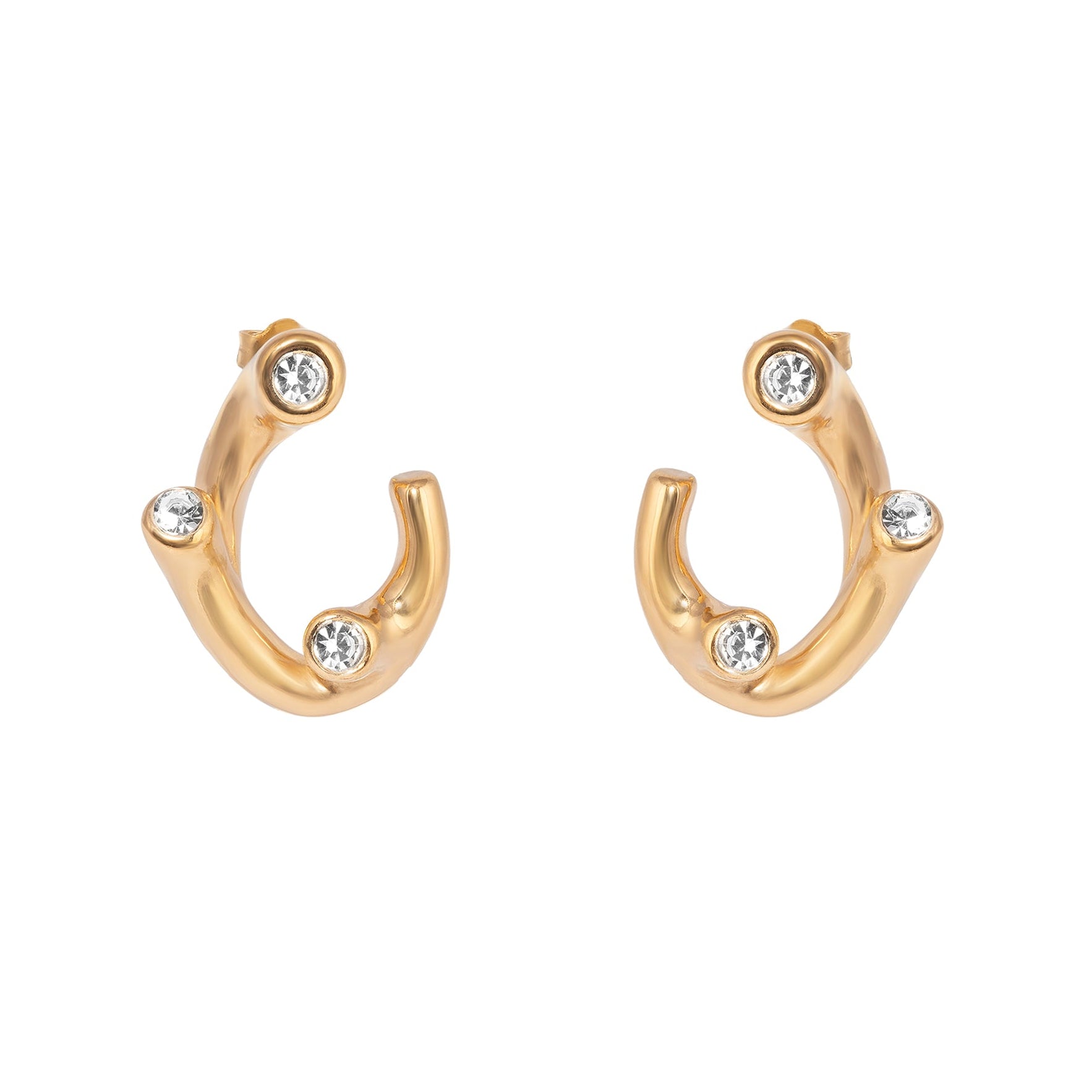 Gold hoop earrings with embedded crystals on a white background - seolgold