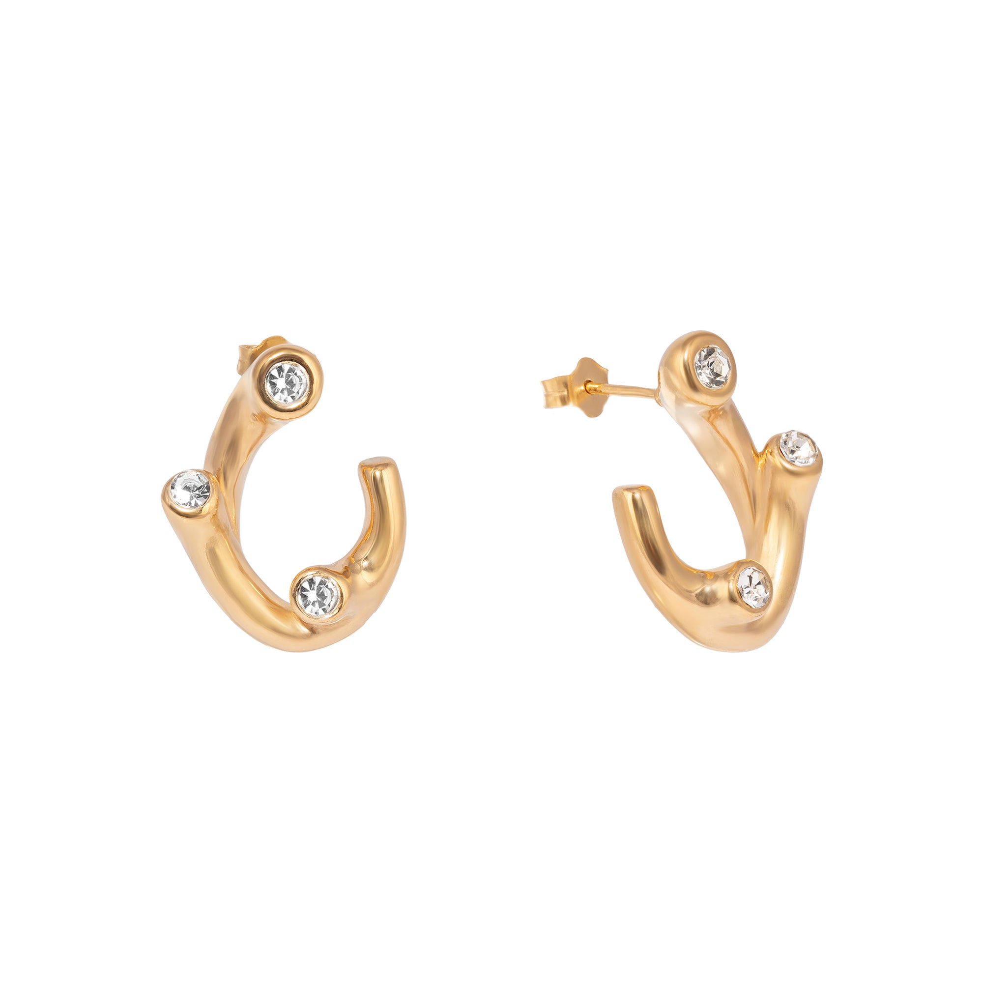 Gold hoop earrings with embedded diamonds on a white background - seolgold