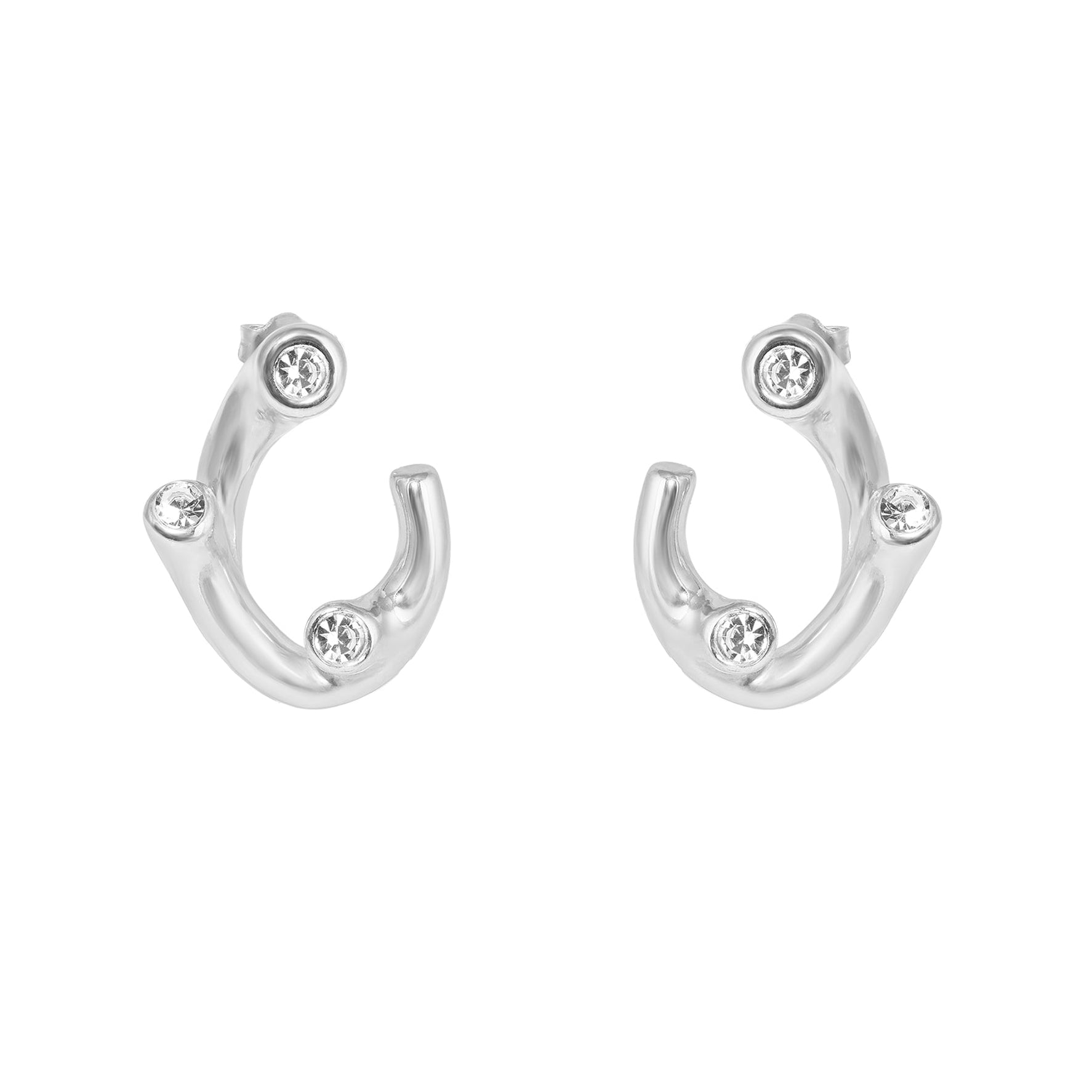 Pair of silver hoop earrings with small gemstones on a white background - seolgold