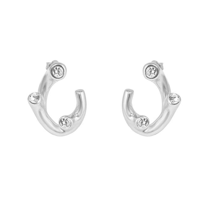 Pair of silver hoop earrings with small gemstones on a white background - seolgold