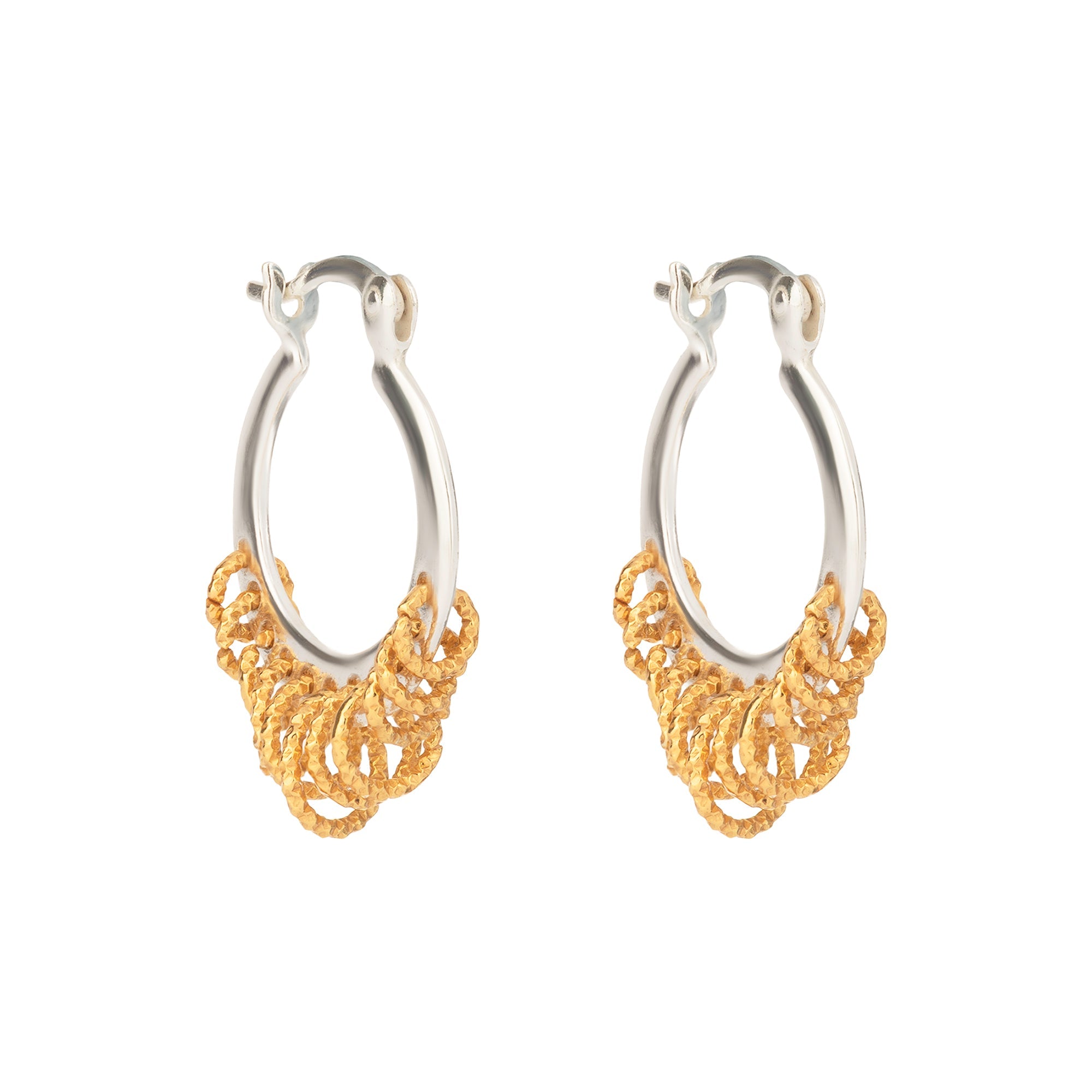 Pair of hoop earrings with gold and silver designs on a white background - Mixed Metal Shaker Hoop Earrings - seolgold