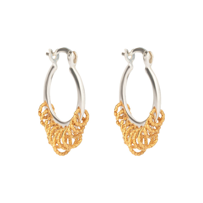 Pair of hoop earrings with gold and silver designs on a white background - Mixed Metal Shaker Hoop Earrings - seolgold