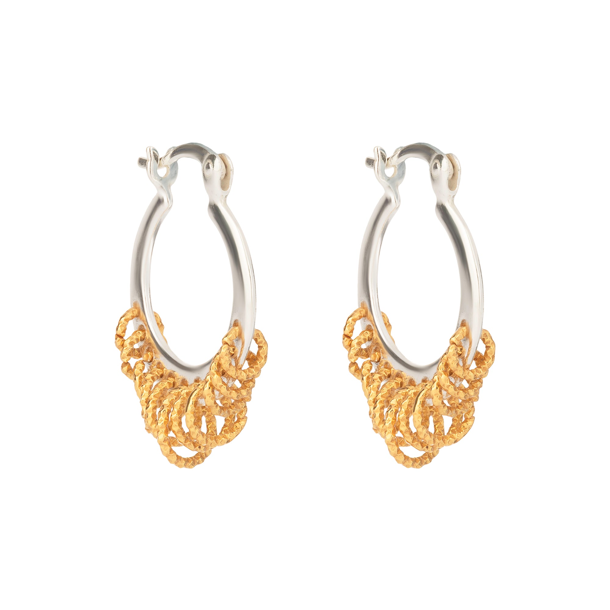 Pair of hoop earrings with gold and silver designs on a white background - Mixed Metal Shaker Hoop Earrings - seolgold