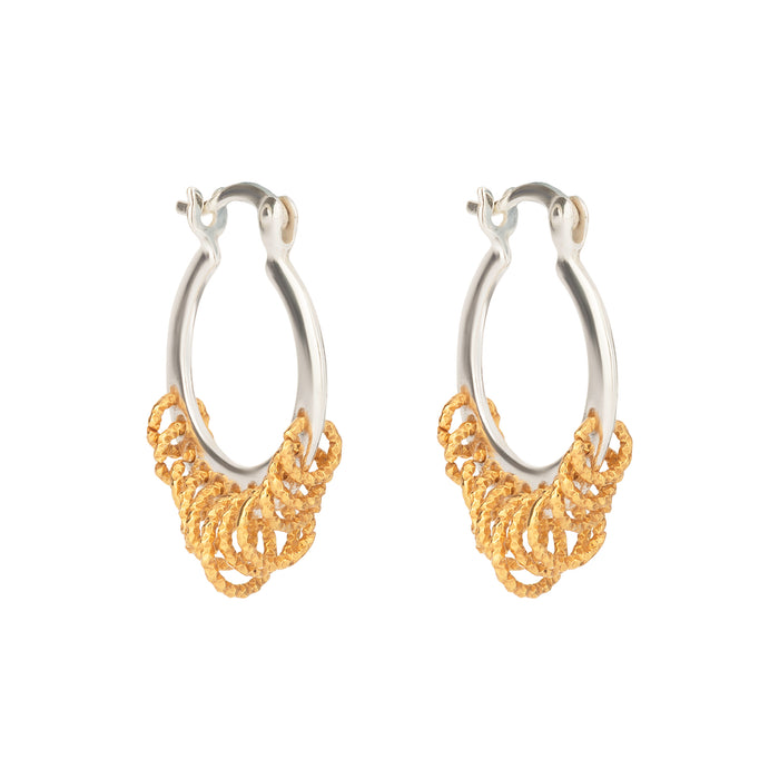 Pair of hoop earrings with gold and silver designs on a white background - Mixed Metal Shaker Hoop Earrings - seolgold