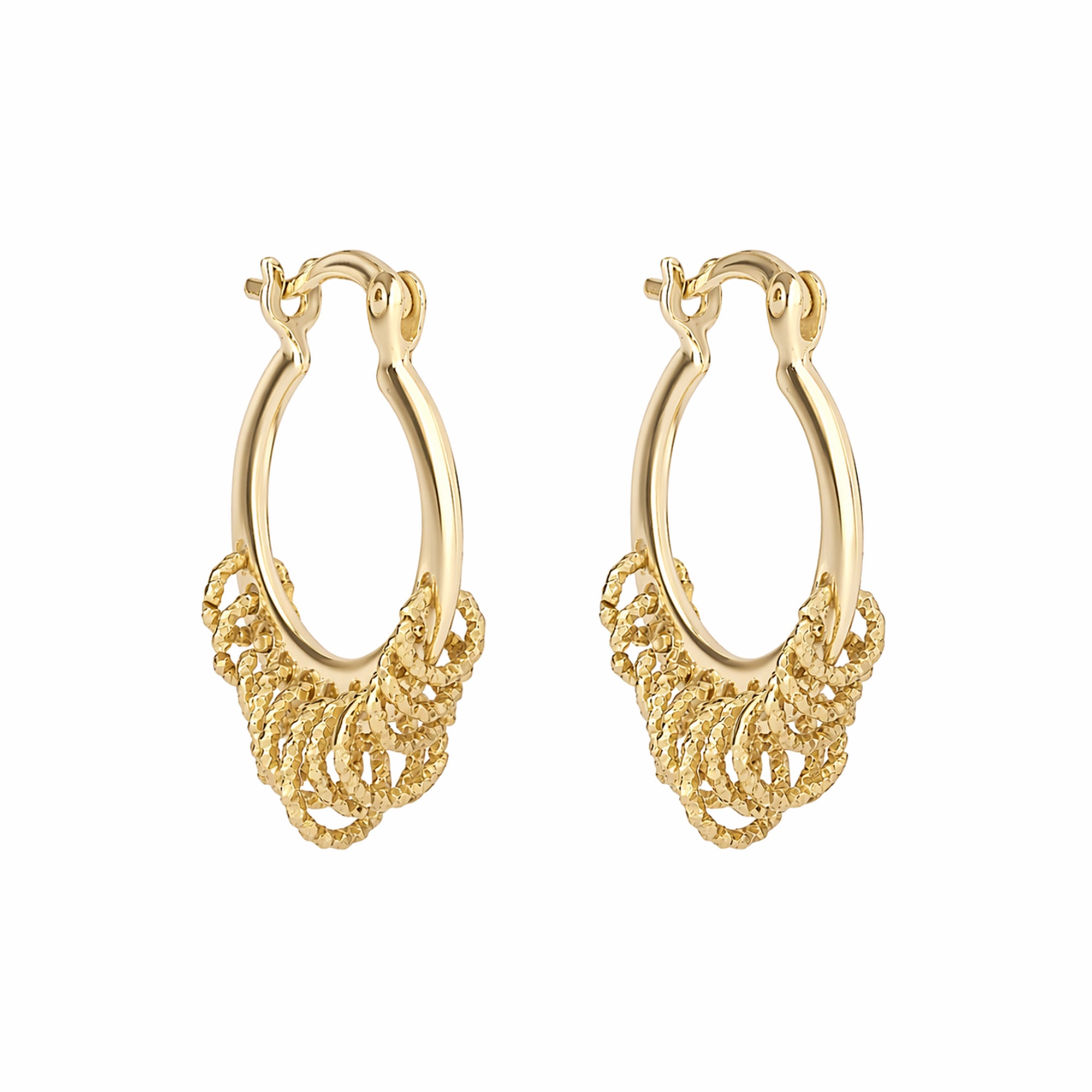 Gold hoop earrings with intricate designs on a white background - seolgold