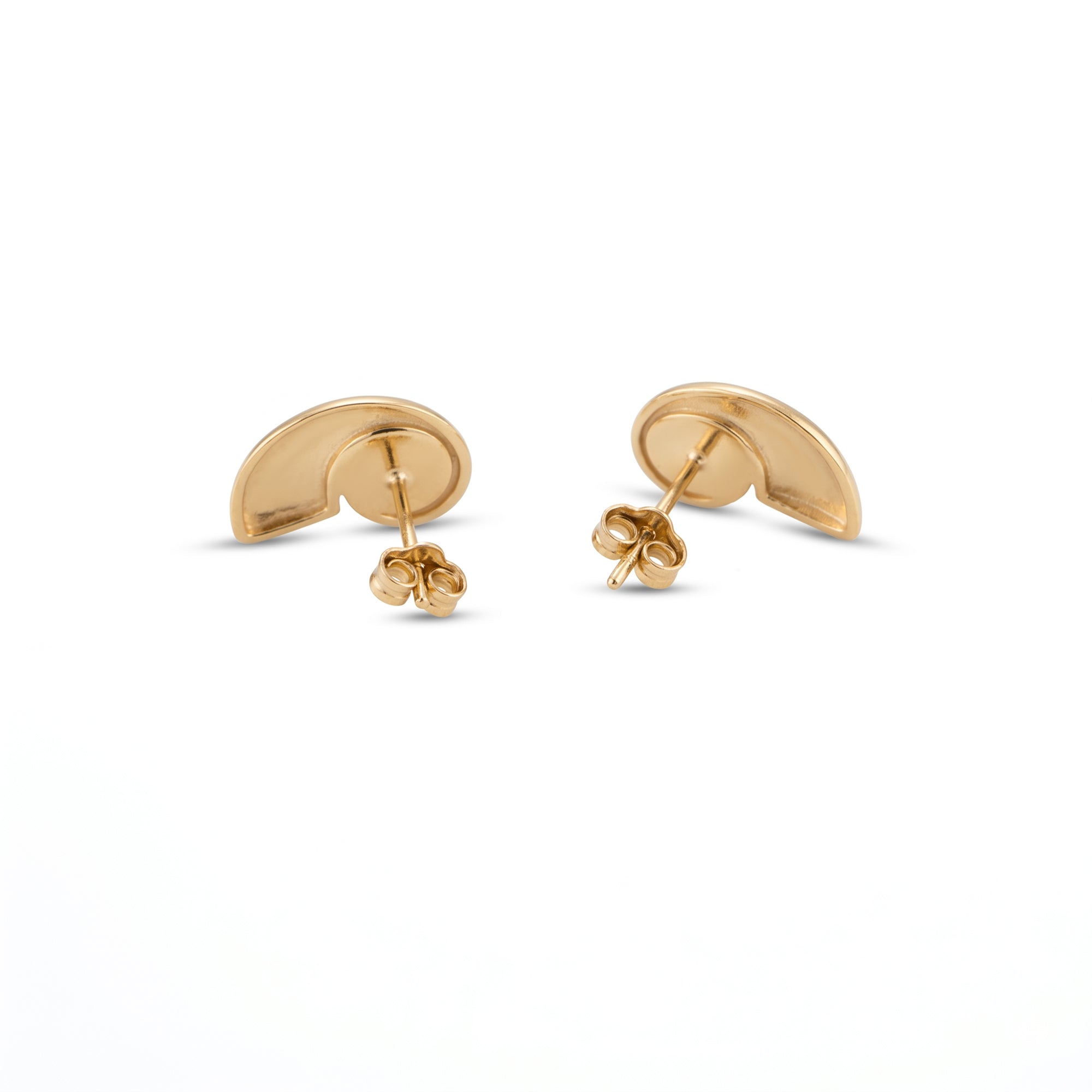 A pair of gold crescent-shaped stud earrings with butterfly backings, shown on a clean white background - seolgold