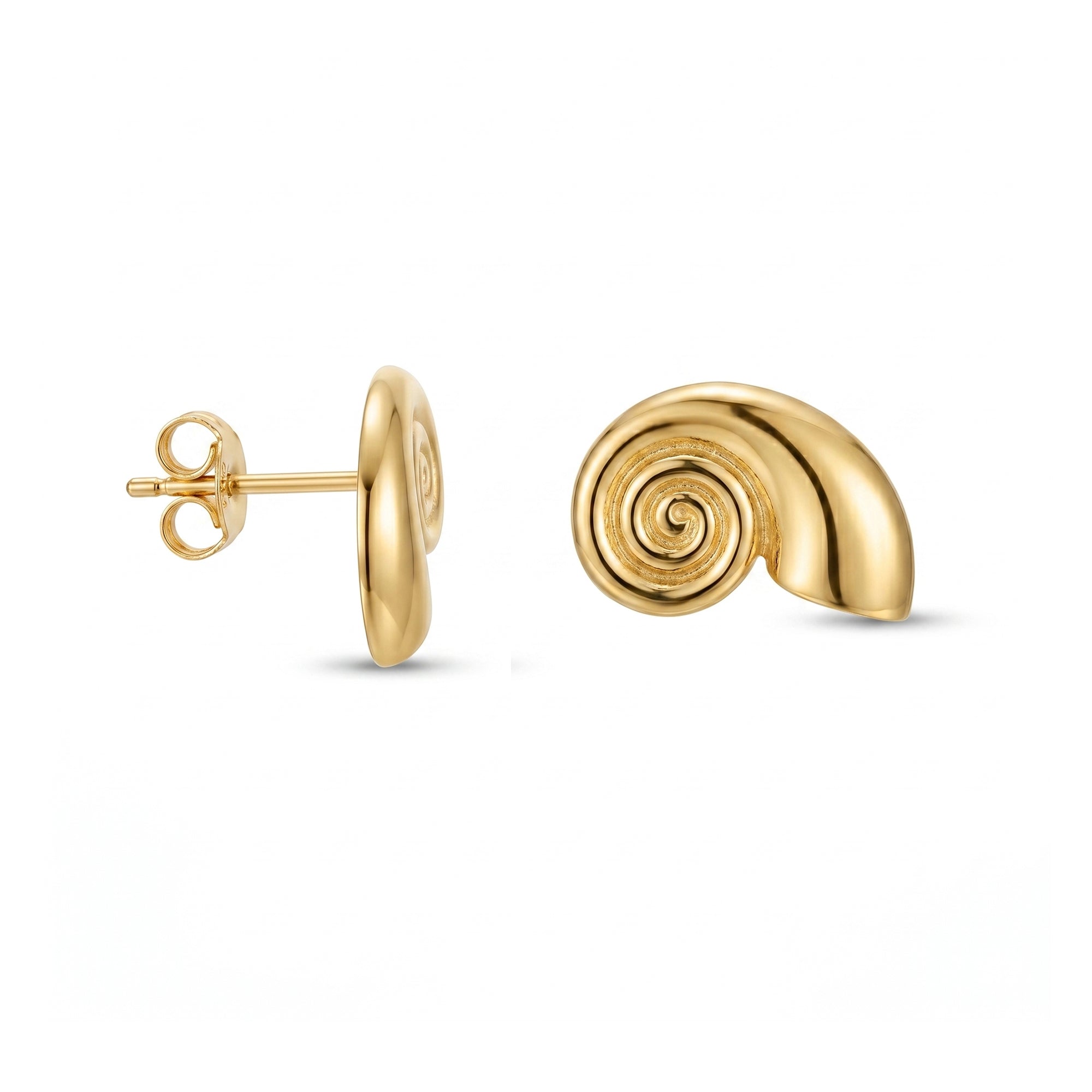 A pair of gold stud earrings on a white background, one shown from the side with a butterfly back and the other from the top showing a spiral shell-like design - seolgold