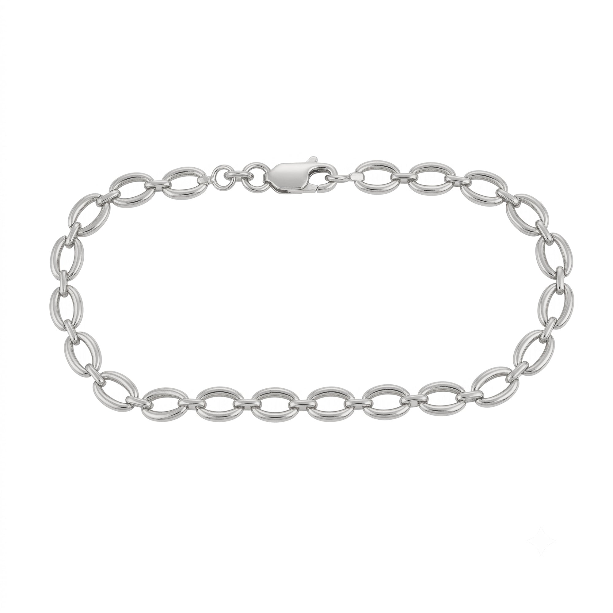 A silver oval link chain bracelet with a lobster clasp, displayed on a clean white background. seol gold