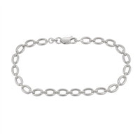 A silver oval link chain bracelet with a lobster clasp, displayed on a clean white background. seol gold