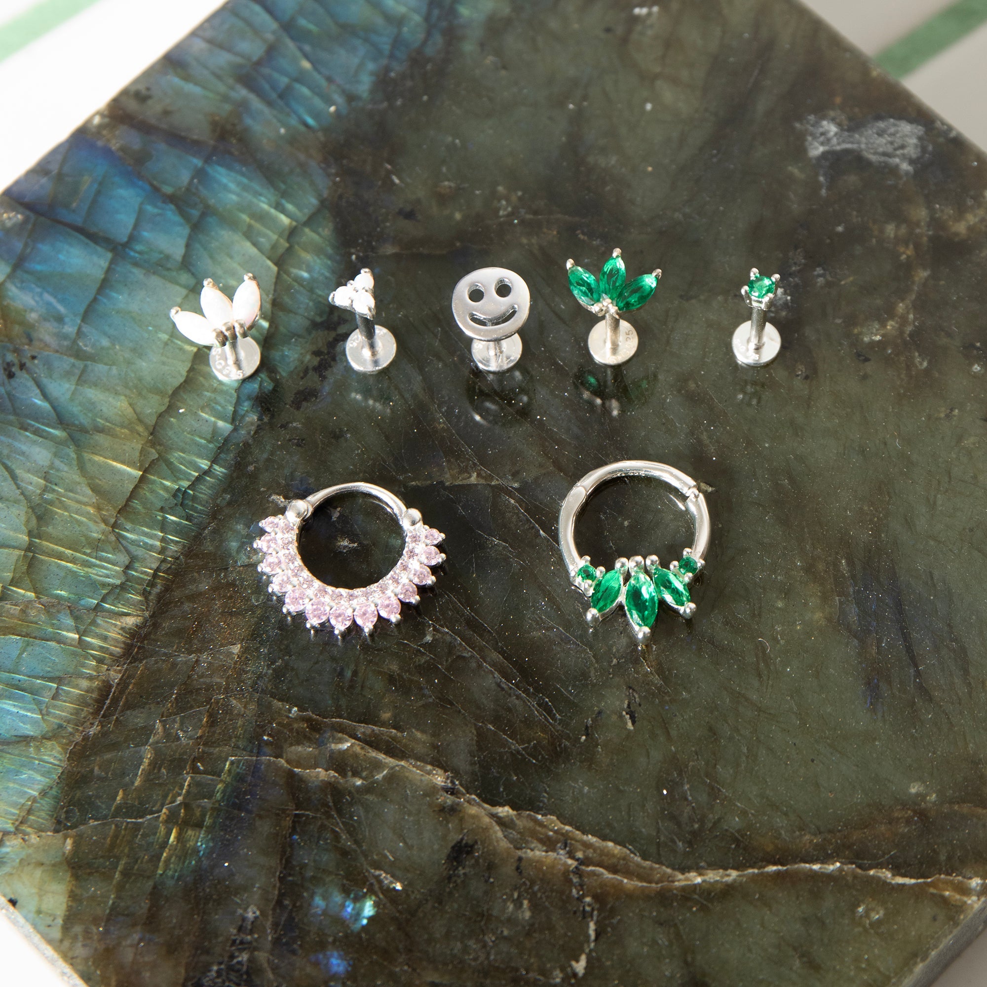 smiley face - silver labret earrings - emerald labret stud - opal labret earring - seolgold