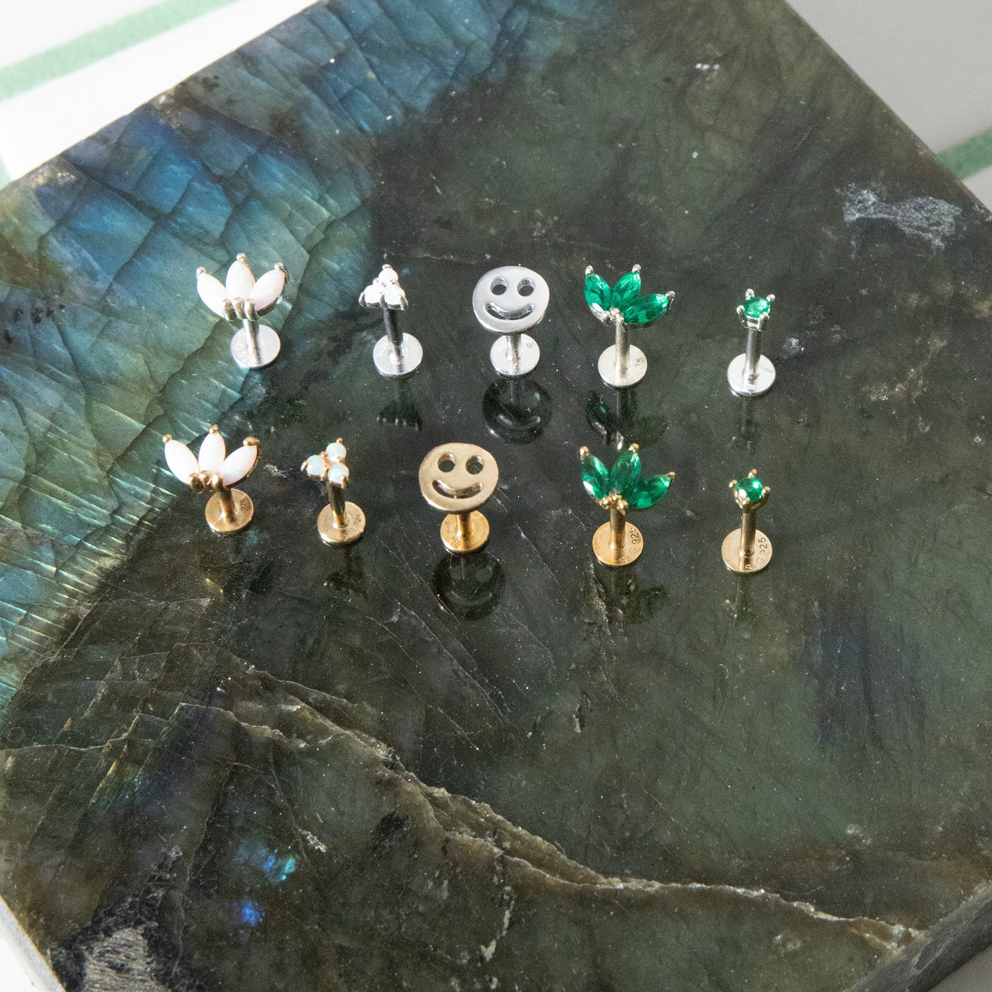 flat back earrings - labret earrings - emerald labret - opal labret - smiley face - smiley labret - seolgold