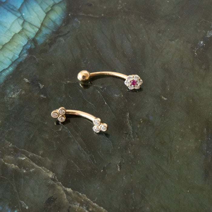 solid gold banana bar - solid gold belly bar - ruby flower belly bar - seolgold