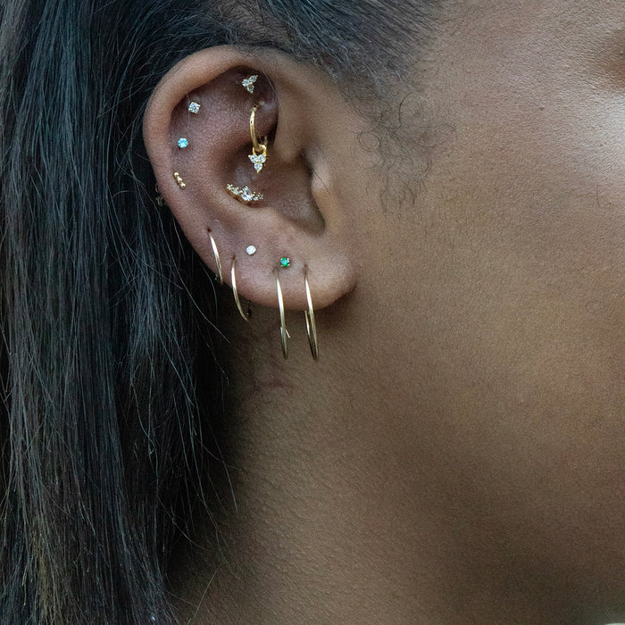 9ct gold thin wire hoops - tiny emerald stud - tiny aquamarine stud - seolgold