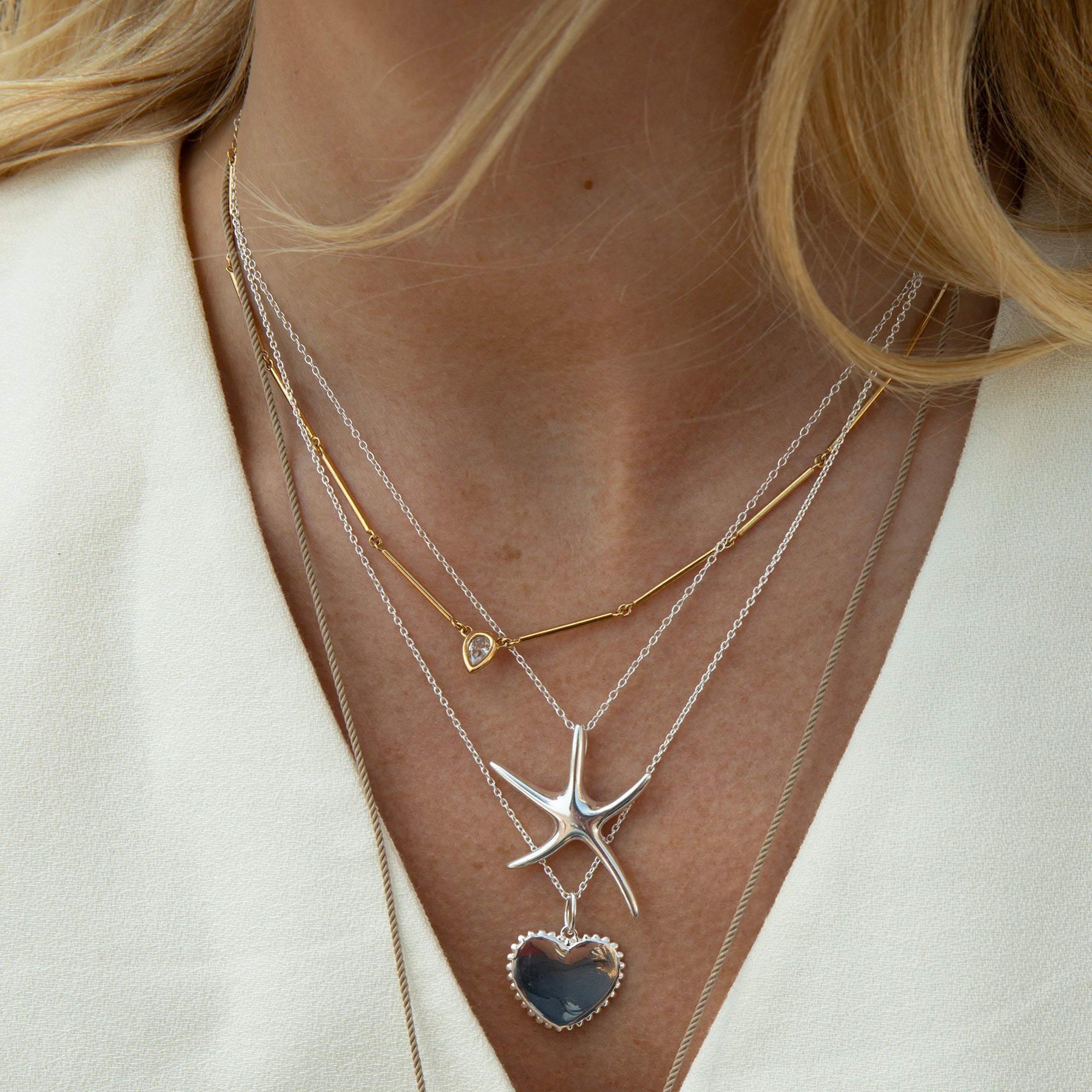 gold beaded necklace - silver heart necklace - starfish necklace - starfish pendant - starfish jewellery - silver necklace - seolgold