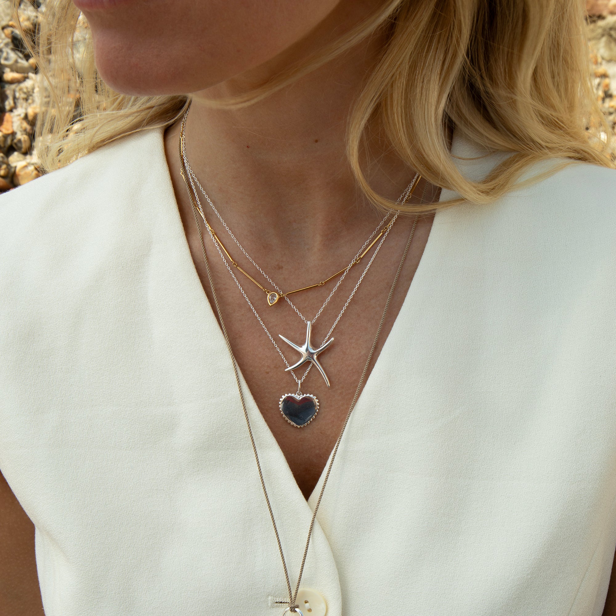 silver starfish necklace - silver heart necklace - seolgold