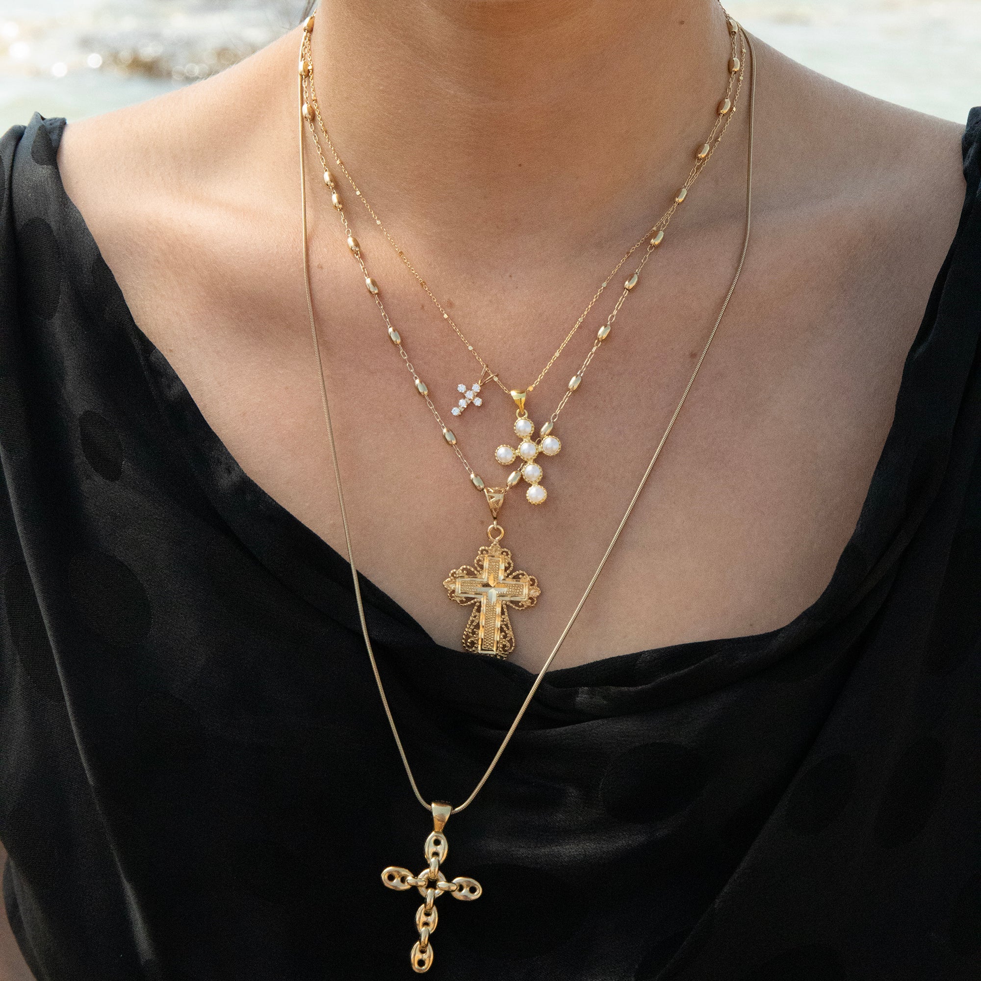 gold cross stack necklaces - CZ cross pendant - solid gold cross - 9ct gold cross - seolgold