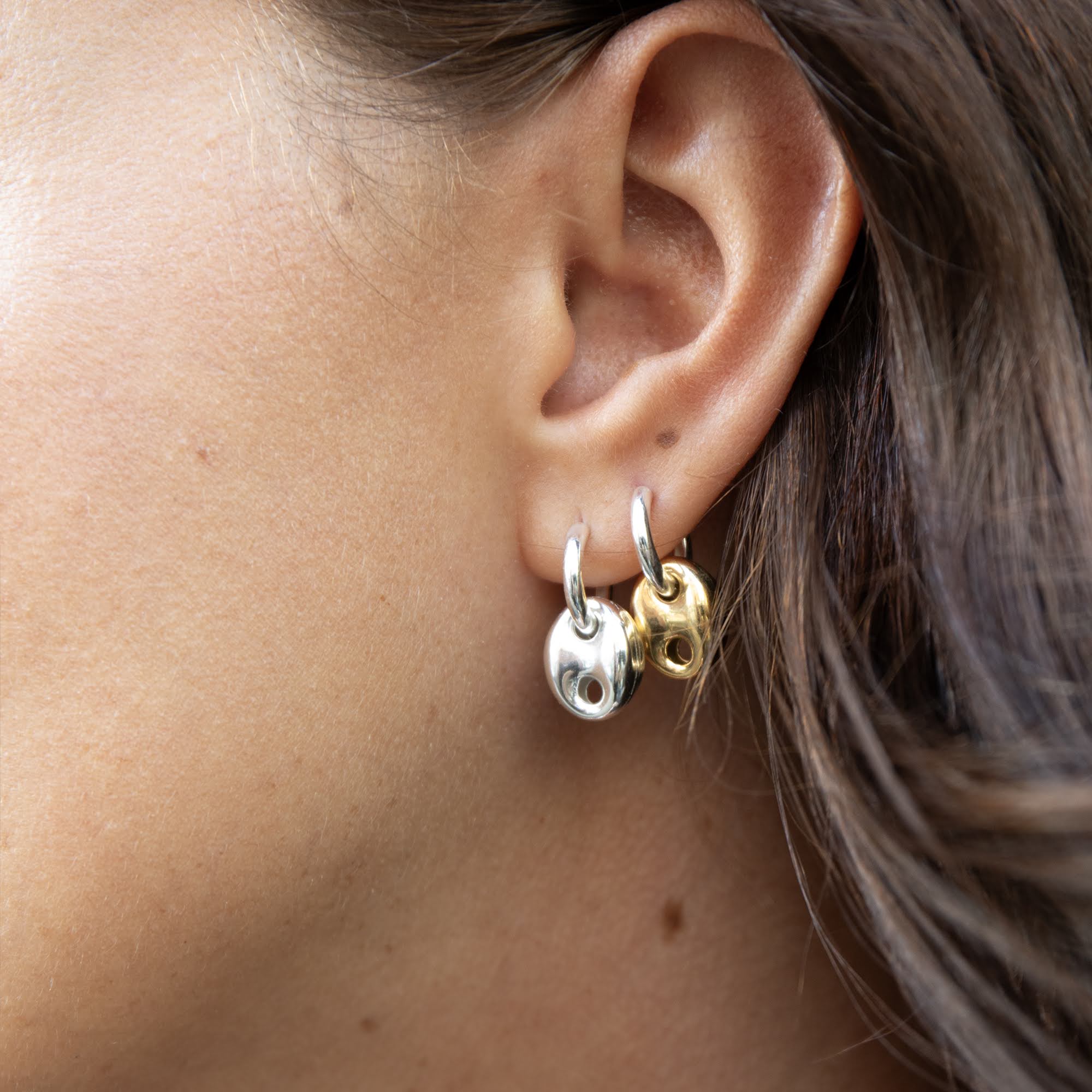 Sterling Silver Coffee Bean Hoops - Seol Gold