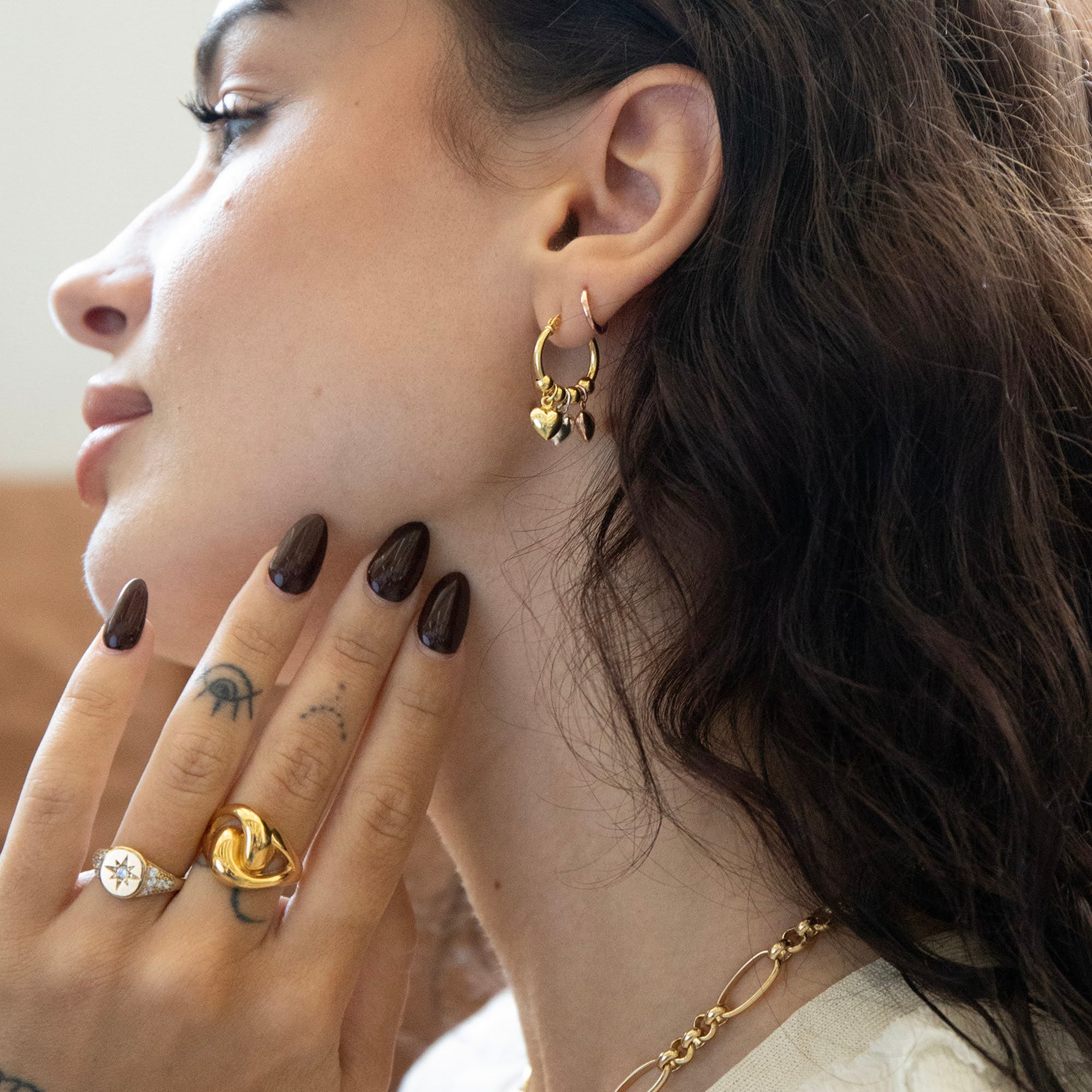 18ct Gold Vermeil Mixed Metal Puffy Heart Charm Hoops - Seol Gold