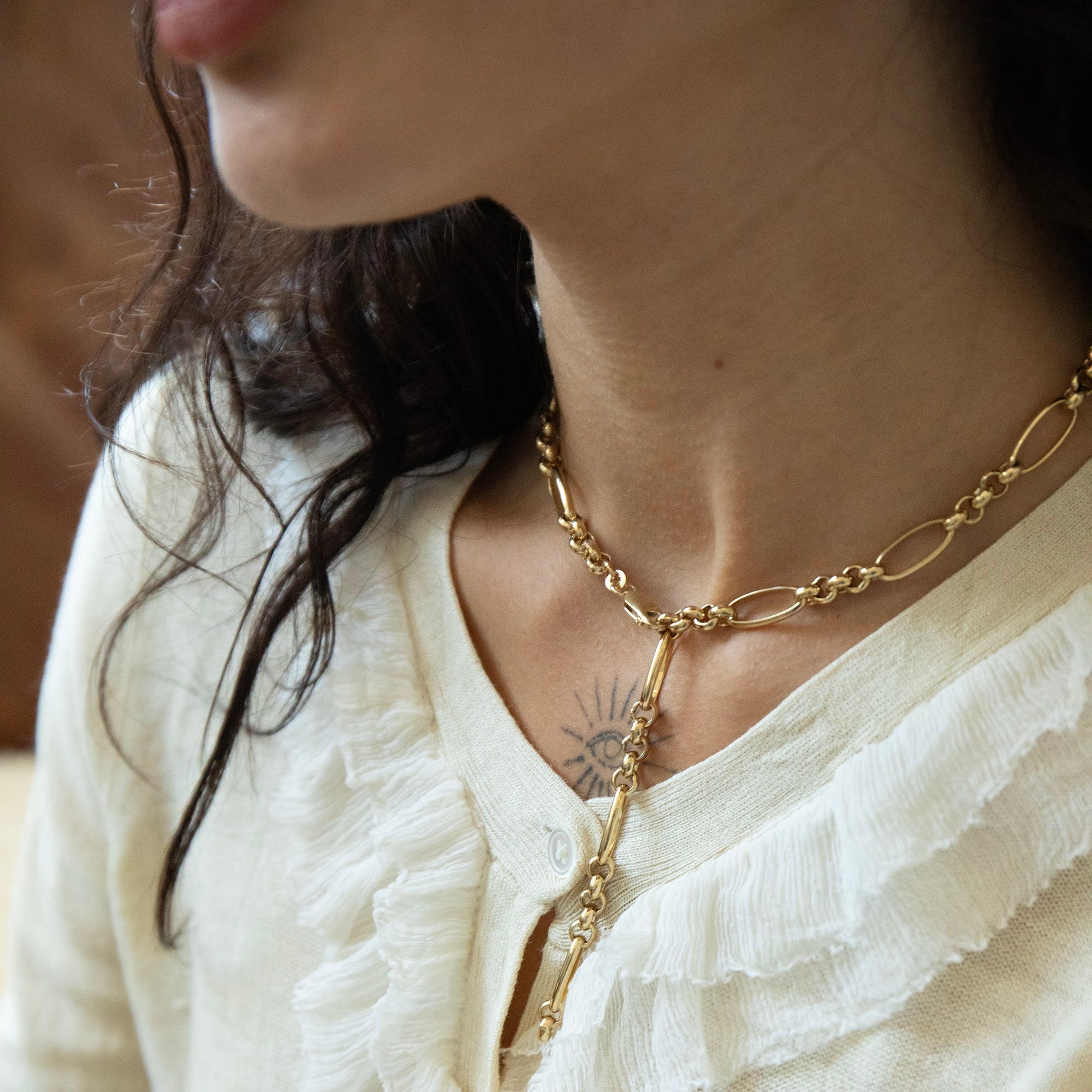 gold vintage chunky chain y necklace - seolgold