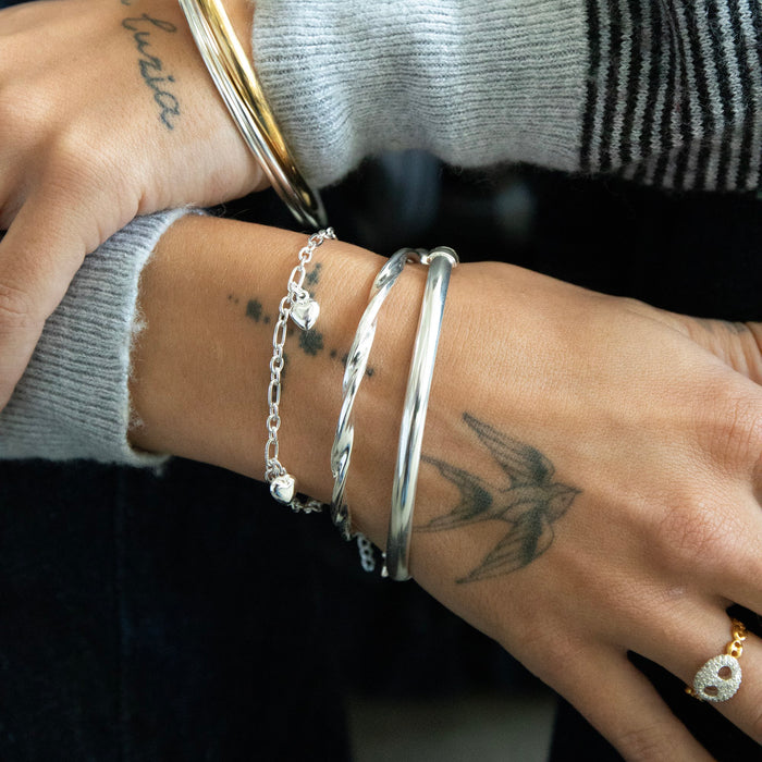 Sterling Silver Heart Charm Figaro Bracelet - Seol Gold