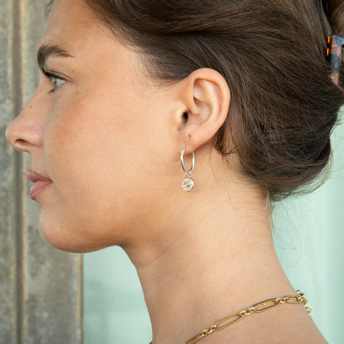Close-up of a woman wearing a silver hoop earring - Sterling Silver Star Sign Charm Hoop Earrings - seolgold
