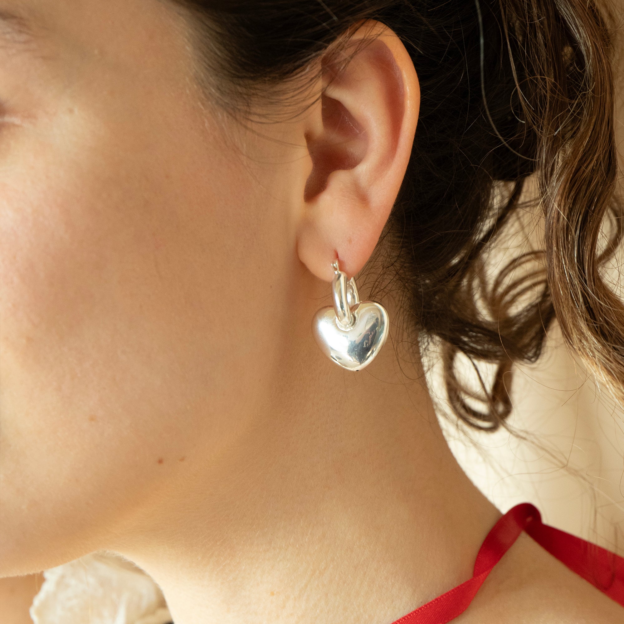 Sterling Silver Puffy Heart Creole Hoops - seolgold