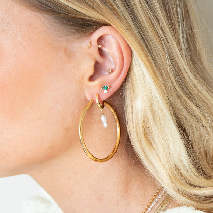 18ct Gold Vermeil Double Pearl Hoop Earrings - 18ct Gold Vermeil Emerald Marquise and CZ Bezel Earrings - seolgold