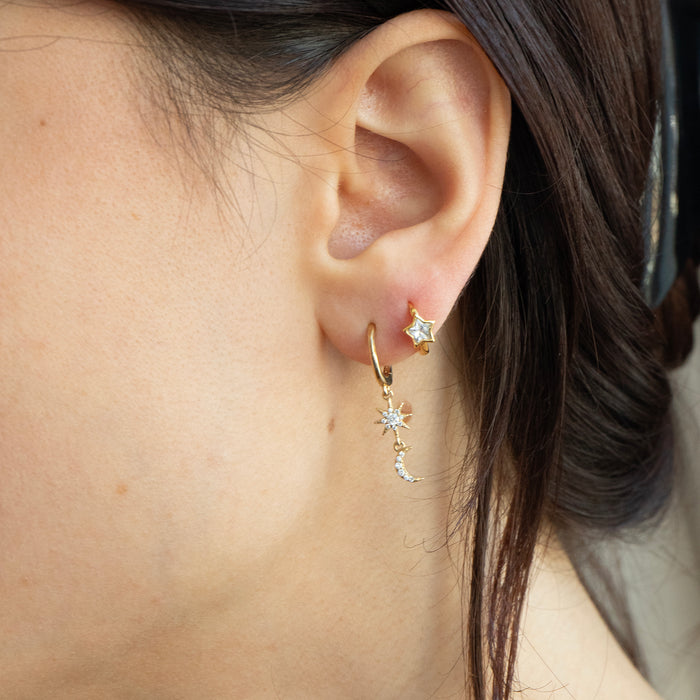 18ct Gold Plated Moon & North Star CZ Hoops - seolgold