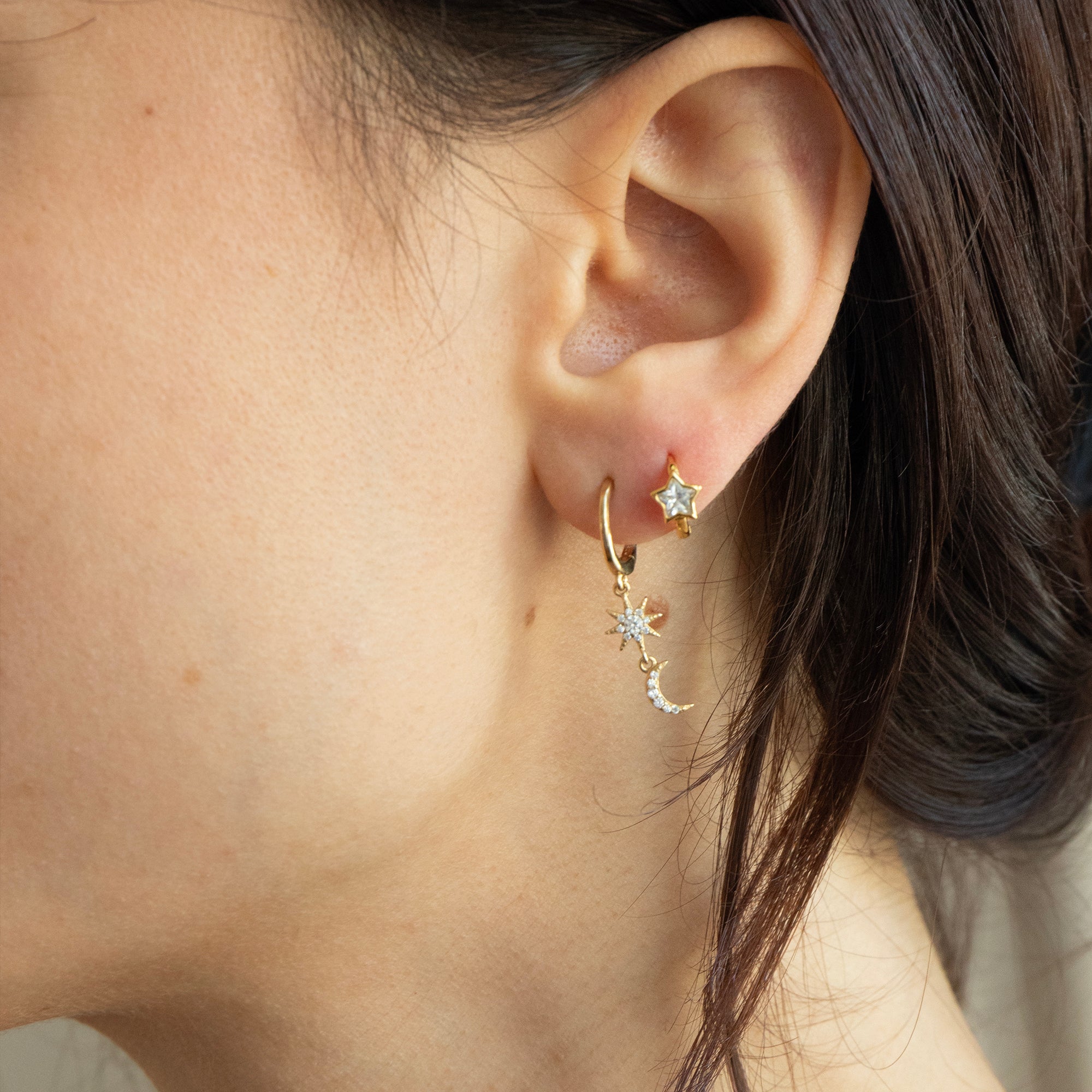 18ct Gold Plated Moon & North Star CZ Hoops - seolgold