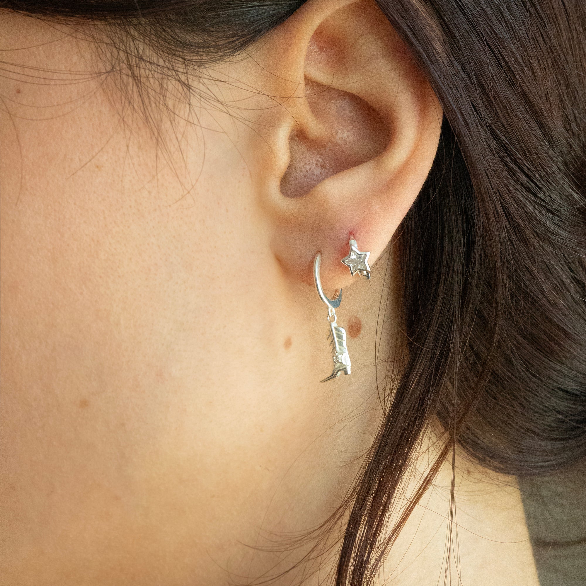 Sterling Silver CZ Cowboy Boot Charm Hoops - seolgold