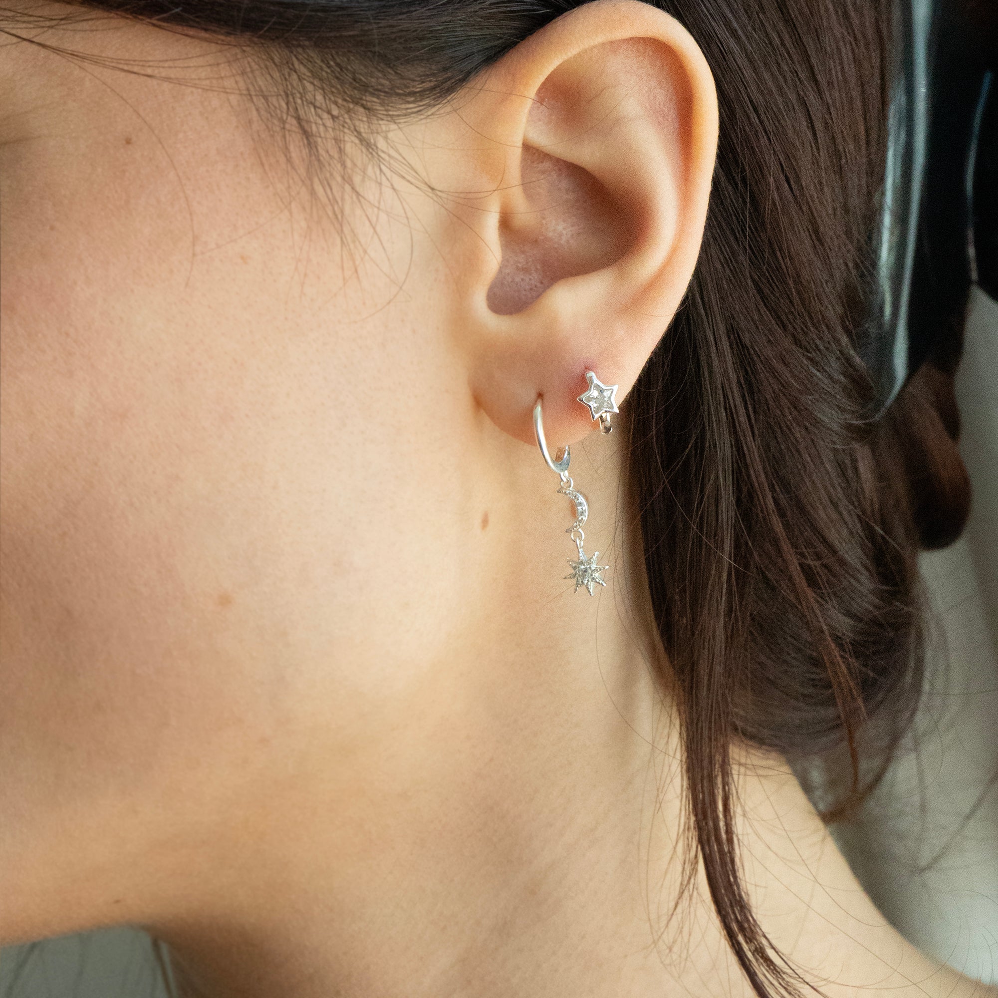 silver moon north star hoop earrings - seolgold