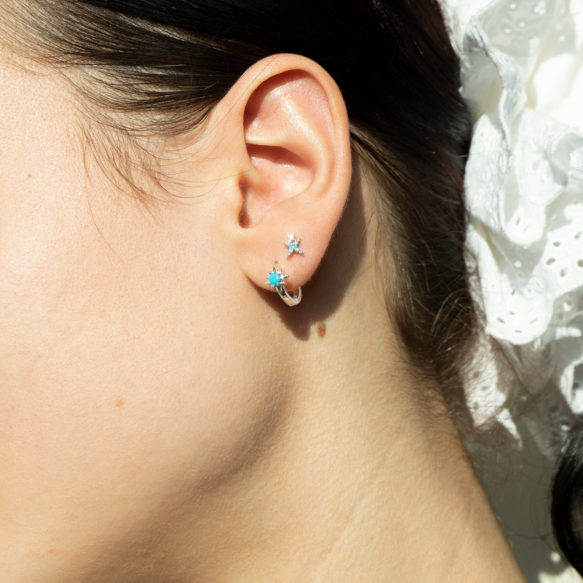 Sterling Silver Turquoise Double Star Stud Earrings - seol gold