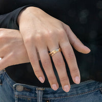 Hand wearing a gold ring with a blurred background - seolgold