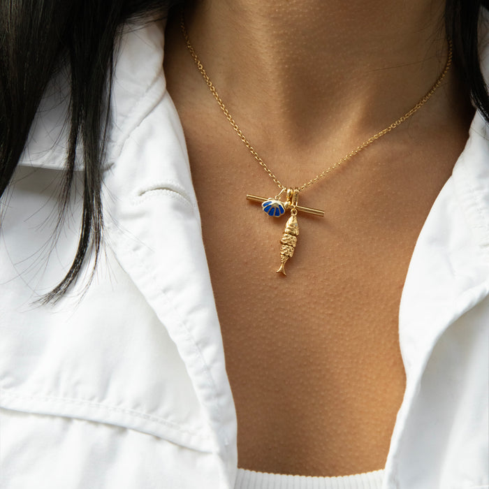 Gold necklace with two pendants on a person wearing a white shirt - gold rolo chain necklace - seolgold