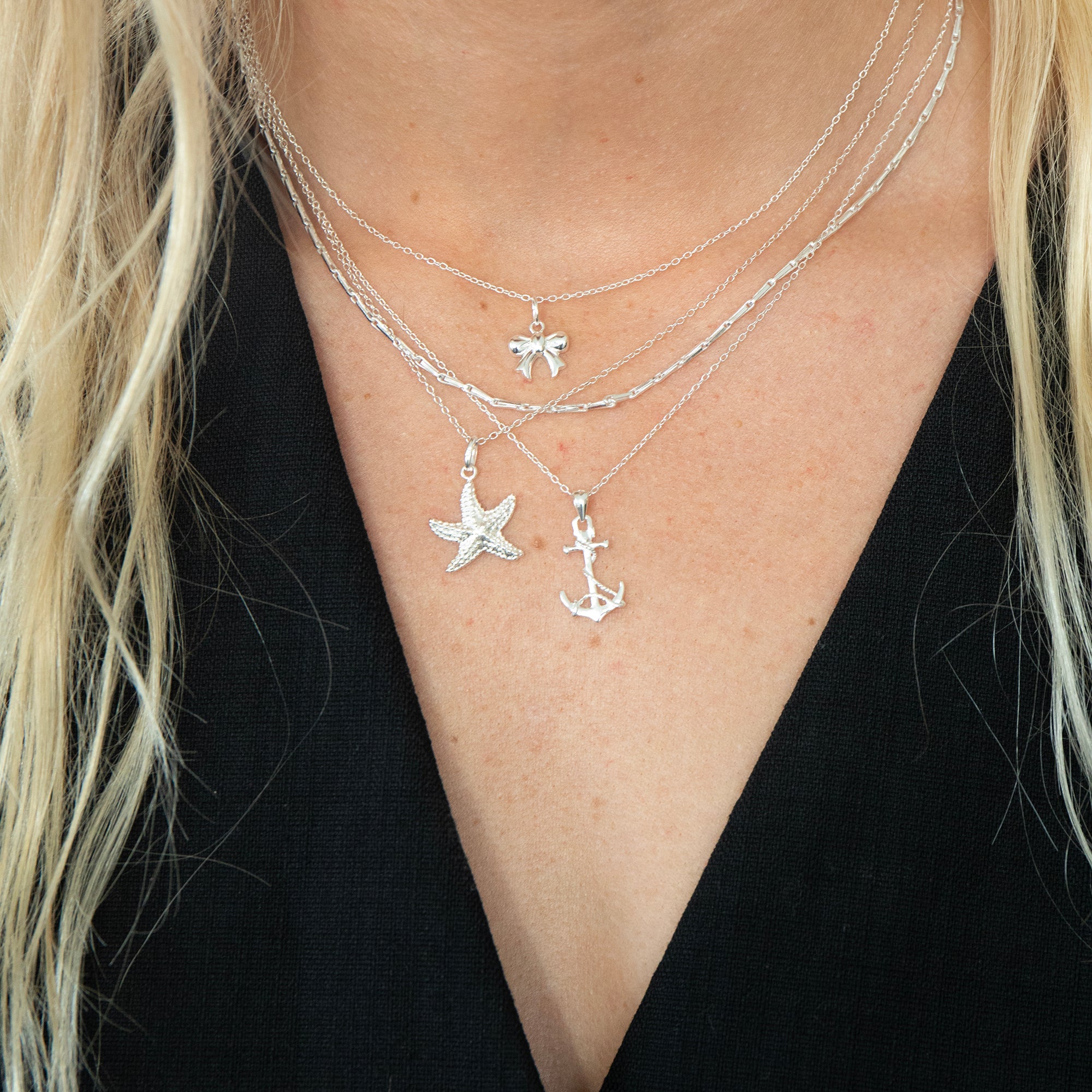 sliver starfish - silver bow - silver anchor pendant charm necklace  - seolgold