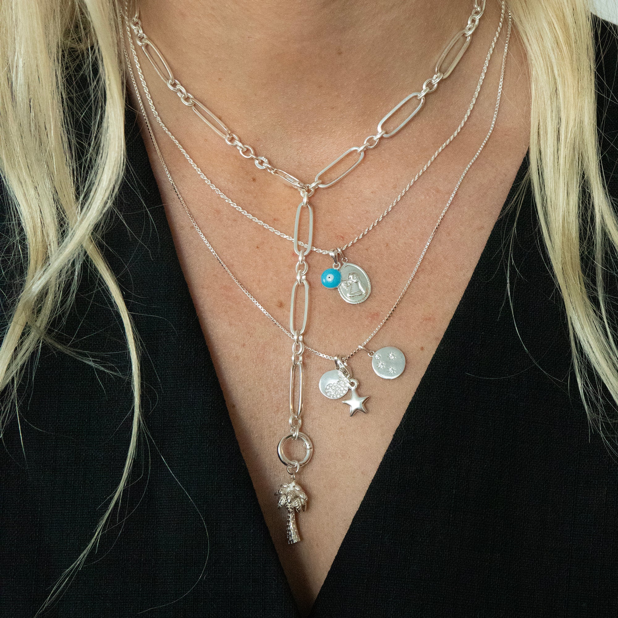 yin yang - evil eye - cherub - palm tree - chunky silver chain necklace - seol gold