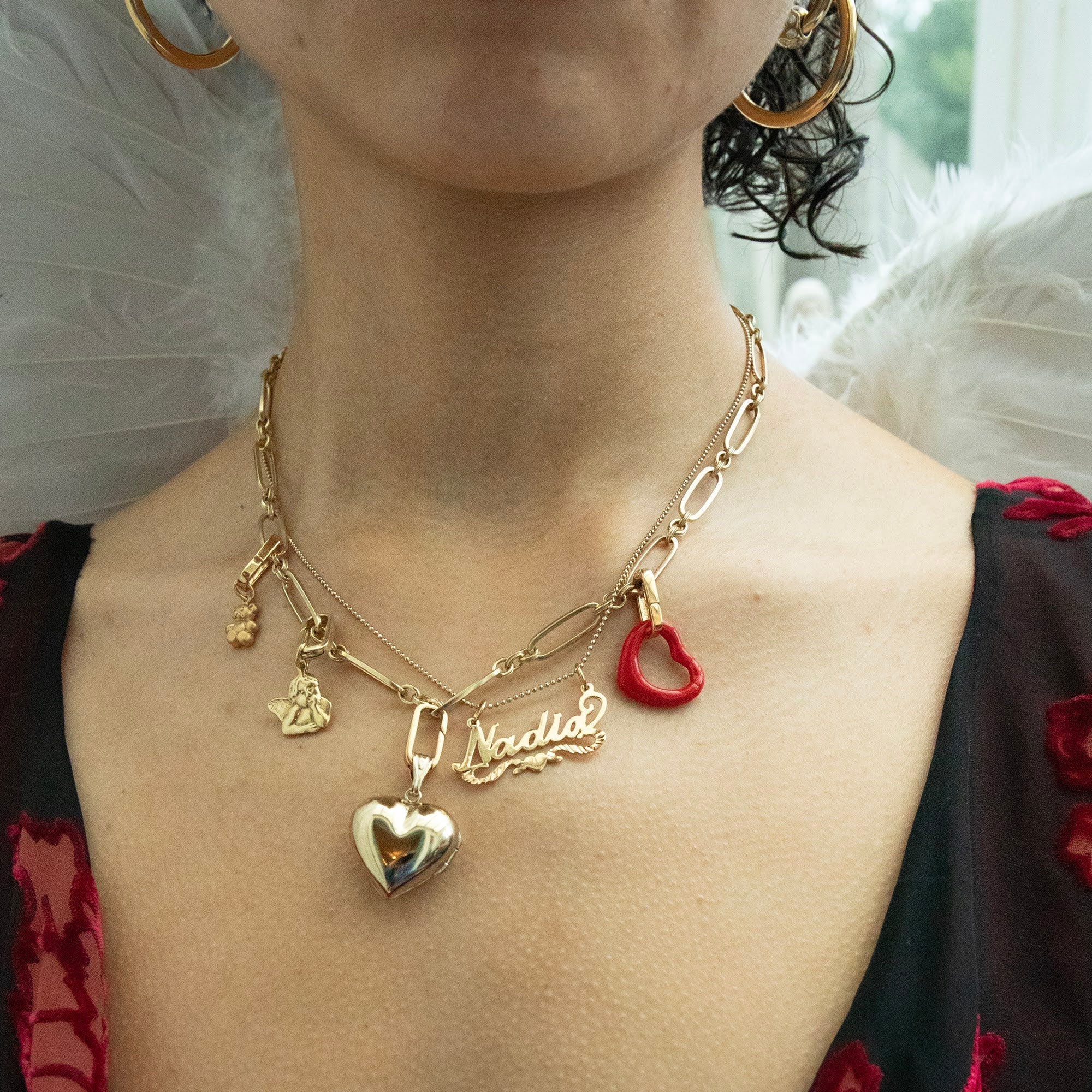 gold beaded chain - gold cherub - gold charm necklace - seolgold