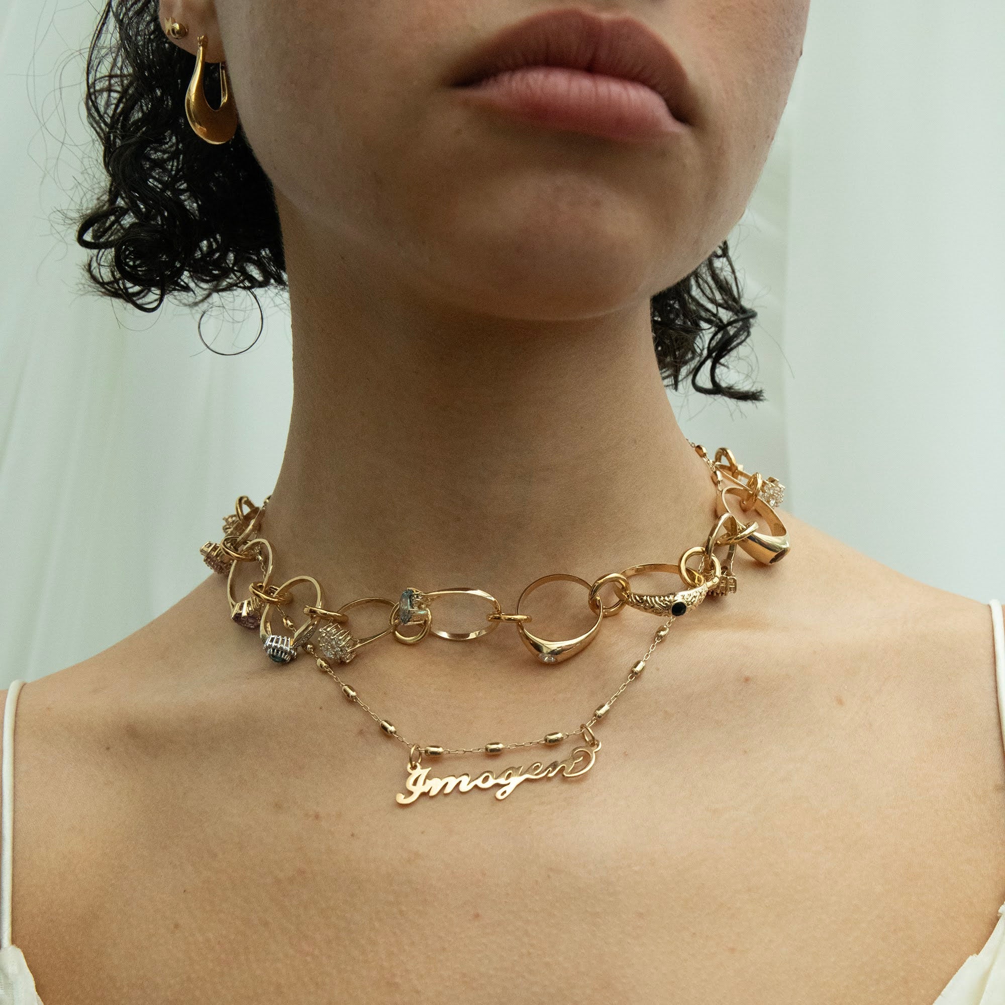 gold name plate necklace - rosary bead necklace - seolgold