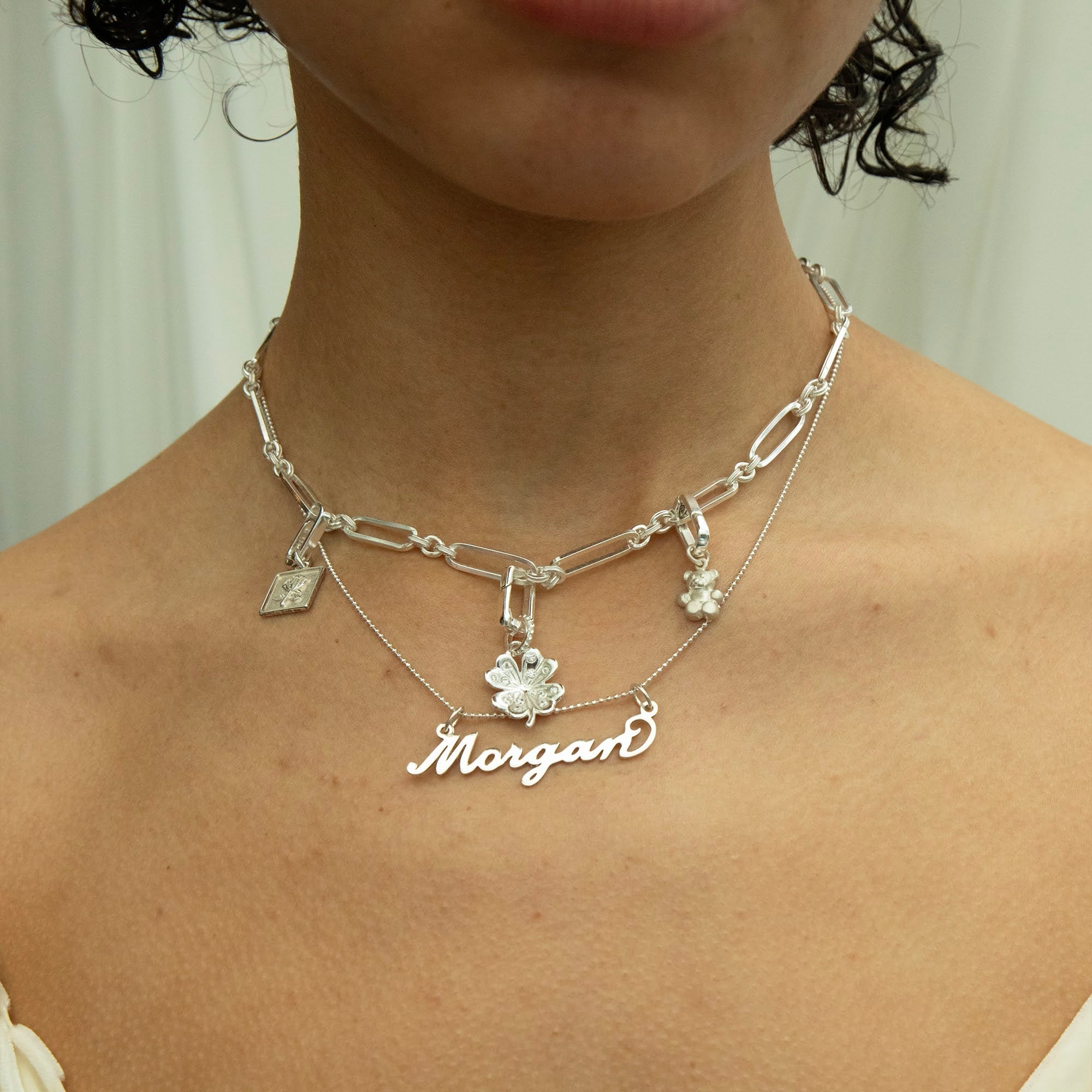 charm connector - silver rose medallion - silver clover charm necklace - seolgold