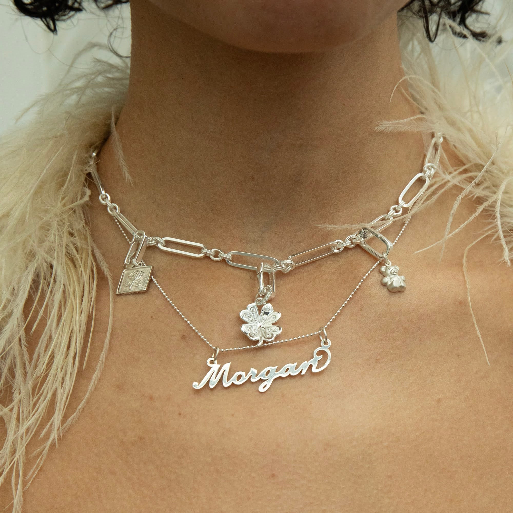 silver charm necklace - silver rose medallion - silver clover necklace - silver ball chain - seolgold