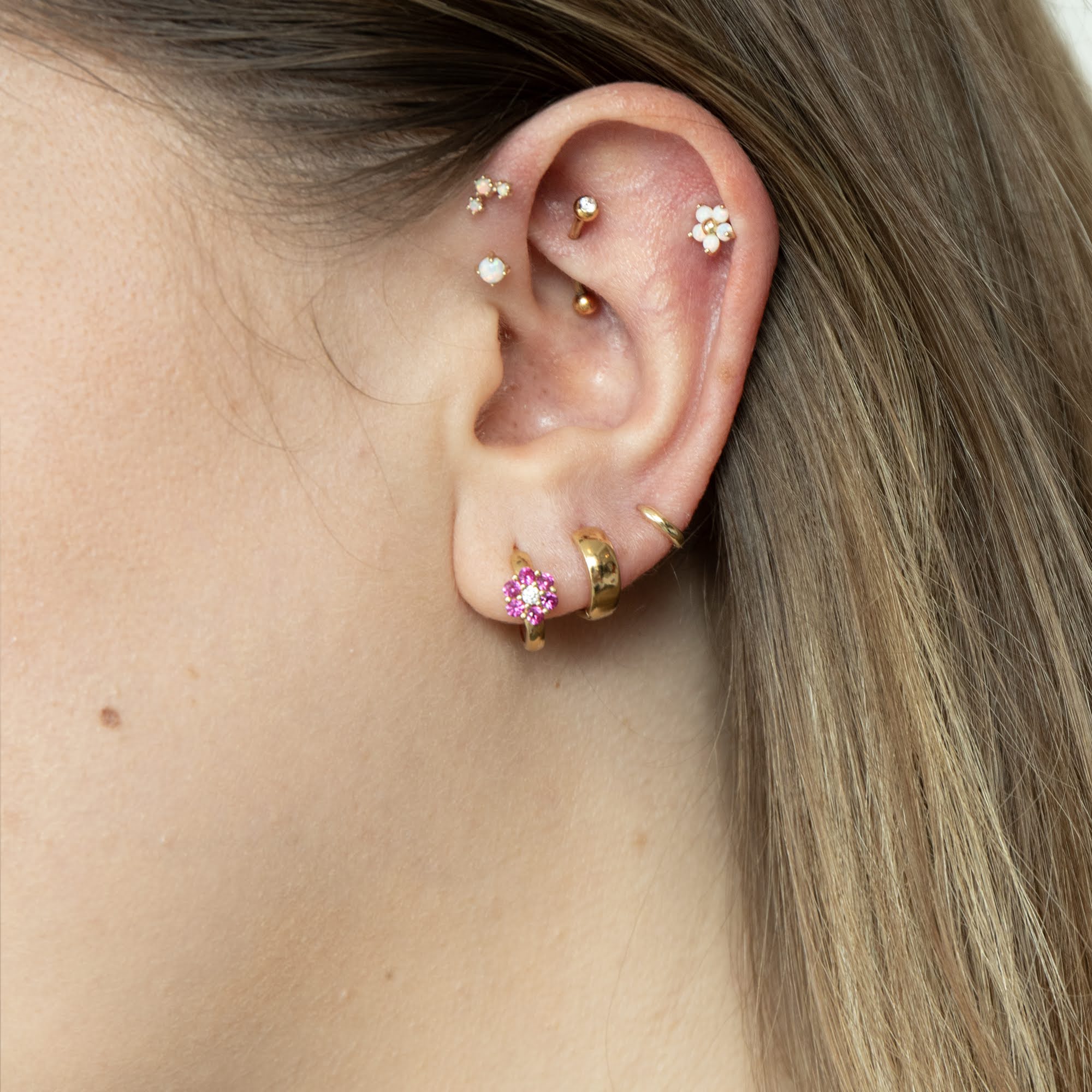 opal cartilage earring - ruby flower hoop - seolgold