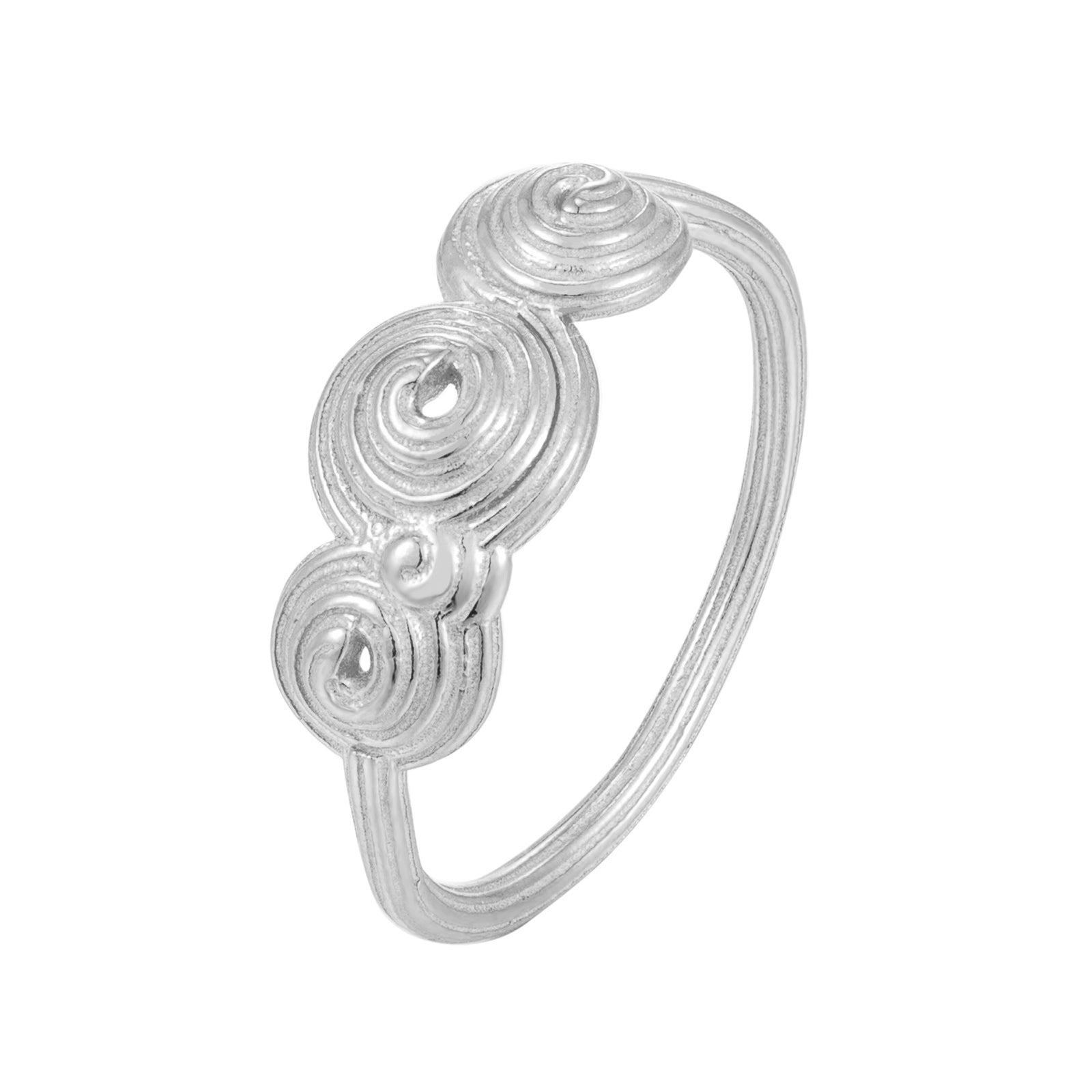 Silver ring with three spiral designs on a white background - seolgold