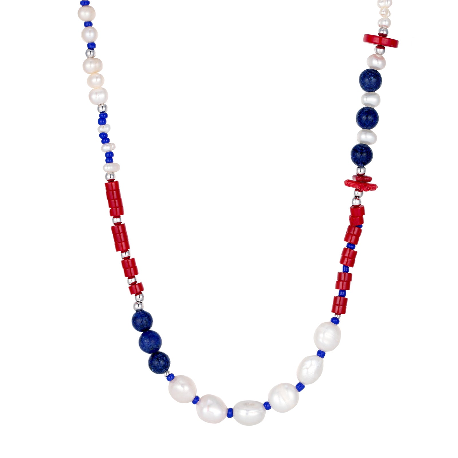 Necklace with red, blue, and white beads on a white background