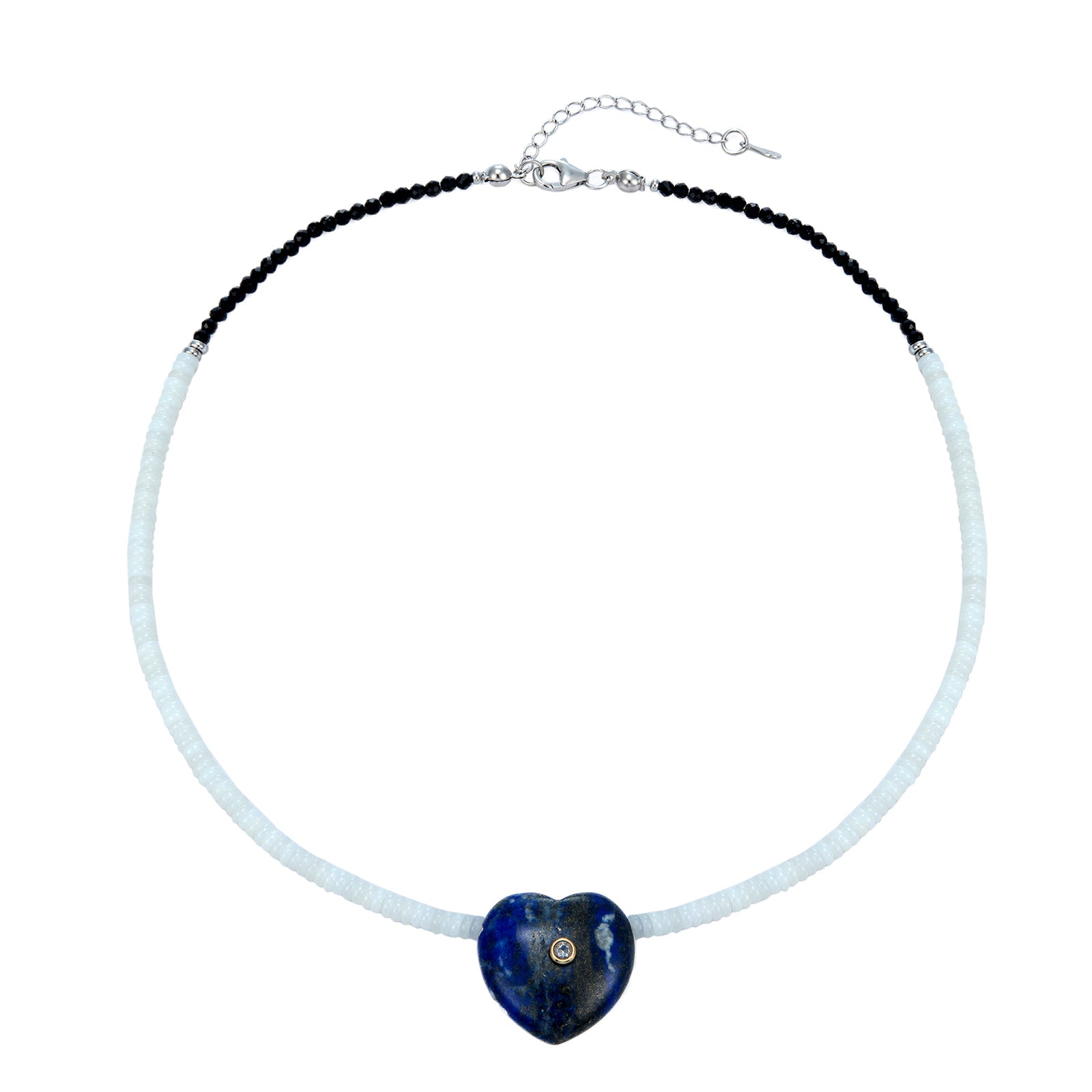 Necklace with a blue heart-shaped pendant on a white background