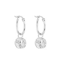 Silver Aries zodiac charm hoop earrings with round dangling charms on a white background - seolgold