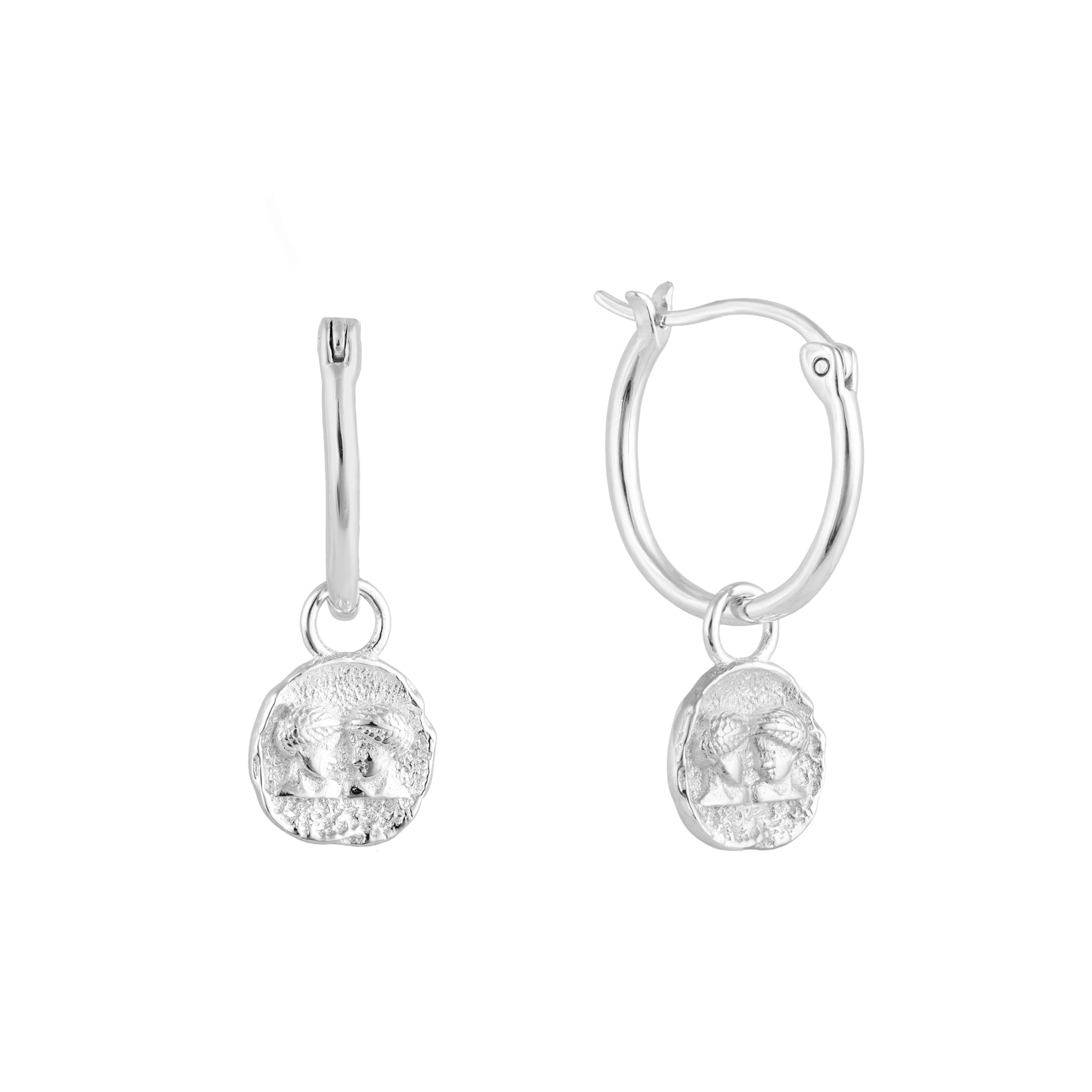 Silver Gemini zodiac charm hoop earrings with round dangling charms on a white background - seolgold