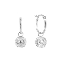 Silver Cancer zodiac charm hoop earrings with round dangling charms on a white background - seolgold