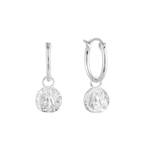 Silver Virgo zodiac charm hoop earrings with round dangling charms on a white background - seolgold