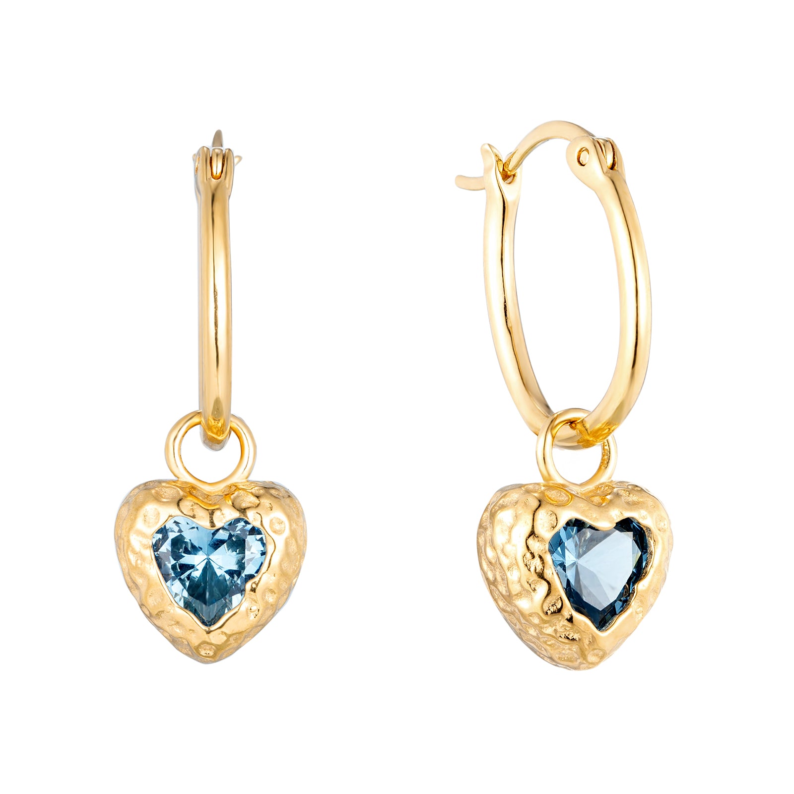 Gold heart-shaped earrings with blue gemstones on a white background - seolgold