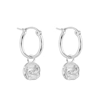 Silver Pisces zodiac charm hoop earrings with round dangling charms on a white background - seolgold
